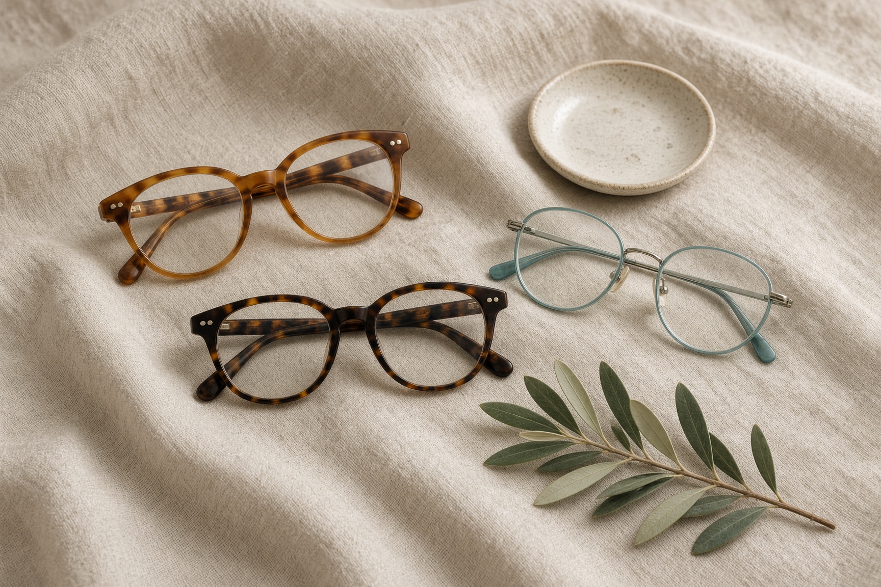 Eyeglasses still life on linen